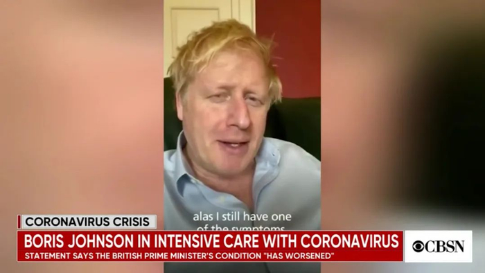  英国首相鲍里斯·约翰逊由于病情加重被转入ICU，在英国圣托马斯医院接受治疗。（图片来源：CBS截屏）