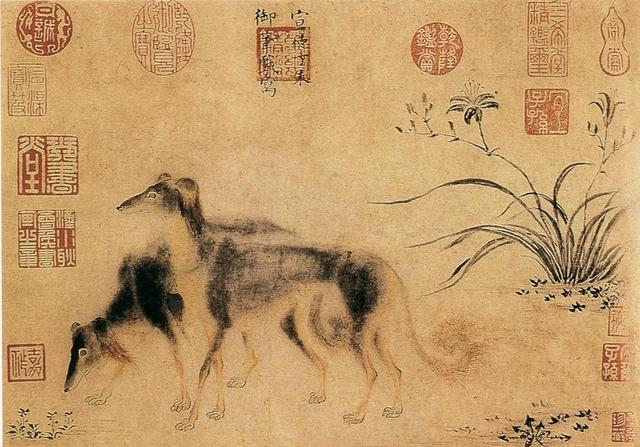 　　《萱花双犬图》 朱瞻基（明）