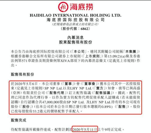 海底捞配售计划公告截图