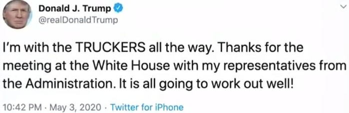  △特朗普5月3日在社交媒体上，回应卡车司机抗议