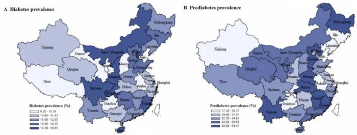 ▲各地区糖尿病（A）和糖尿病前期（B）的患病率差异，颜色越深，患病率越高