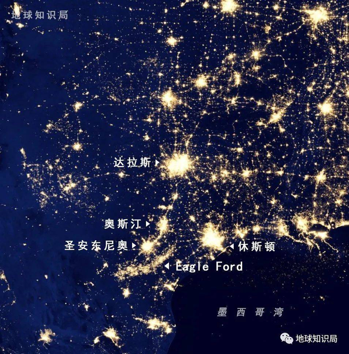 Eagle Ford能源带的规模之大，甚至在灯光图上都清晰可见