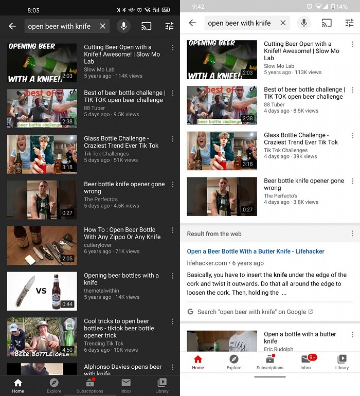 YouTube 客户端中展示了来自 Web 的谷歌搜索结果
