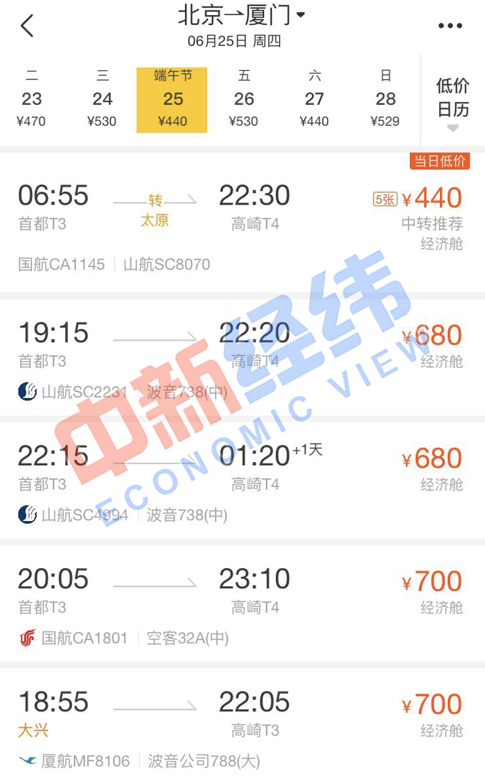 来源：第三方机票网购平台截图