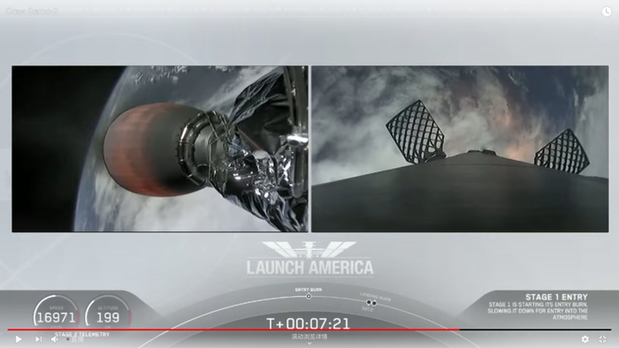 （右侧视窗为第一级火箭重返大气层点火 Entry Burn）