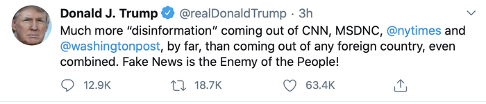 △特朗普在推特发文，称CNN、MSNBC、《纽约时报》、《华盛顿邮报》等主流媒体制造“假新闻”