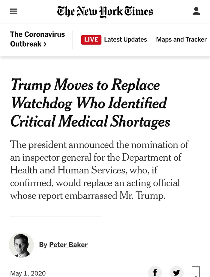△《纽约时报》5月1日报道，特朗普替换卫生与公众服务部监察长，或因其曾批评医疗用品短缺。
