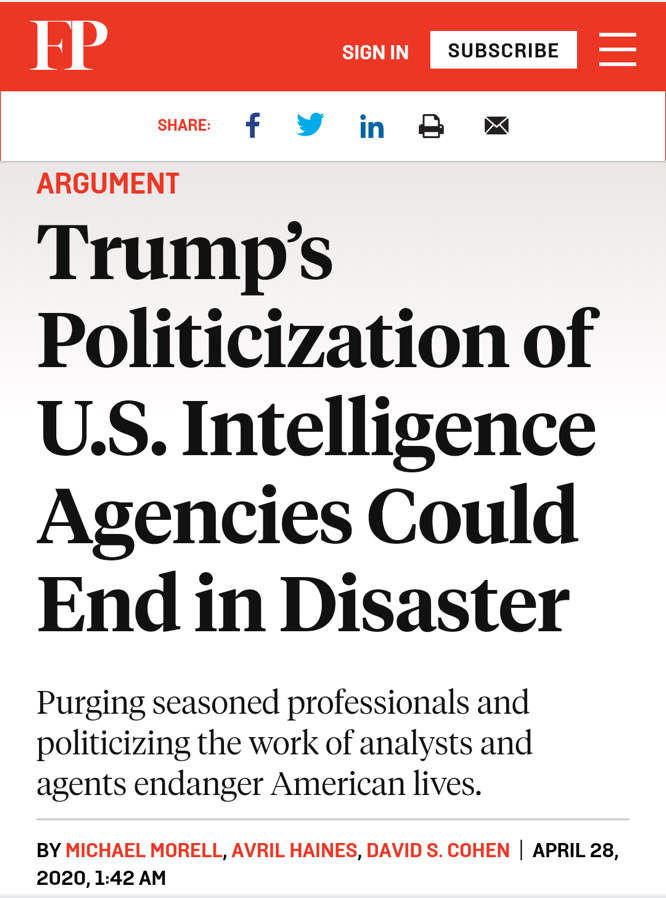  △《外交政策》报道，特朗普将美国情报机构政治化的举动将引来灾难。
