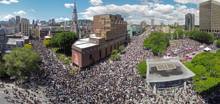 图为蒙特利尔在6月7日发生的抗议活动