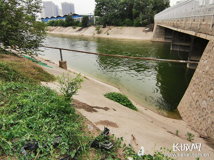 石津灌渠河道两侧是呈30度左右的水泥斜坡，人一旦踩上去，很容易滑进河道内。长城新媒体记者 周亚彬 摄