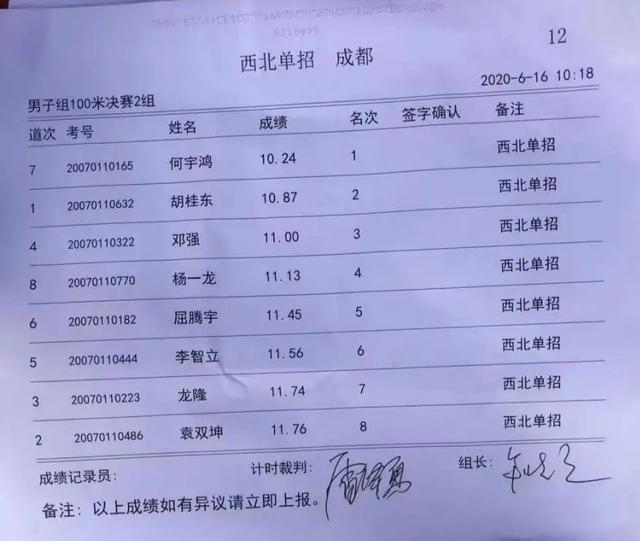 图片来源：四川成都体育单招百米成绩单