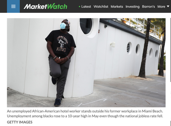 △《市场观察》报道，尽管全美失业率开始下降，但黑人失业率却在今年五月达到十年来最高