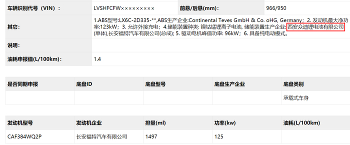 图片来源：工信部新车信息截图