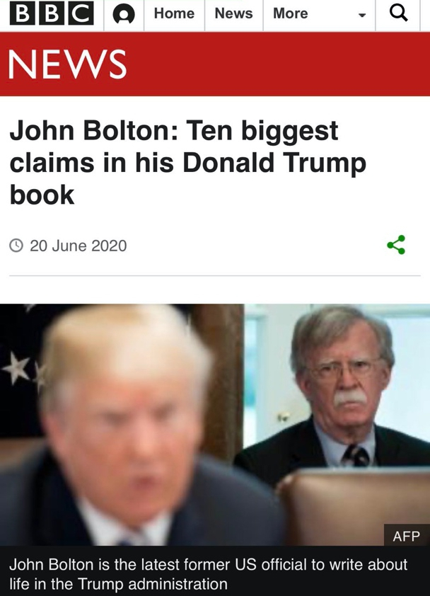 △BBC在报道中列举了博尔顿新书提到的特朗普“十大罪状”