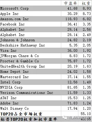 图：TOP20公司已经占到标普500指数55.1%的权重