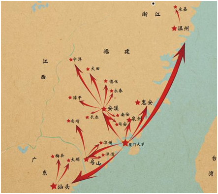 解放战争时期厦大革命师生进入游击区示意图