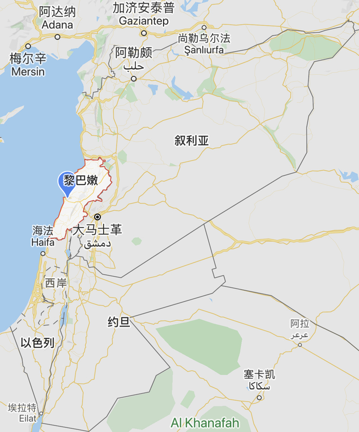  △地图中黎巴嫩、以色列和叙利亚的位置