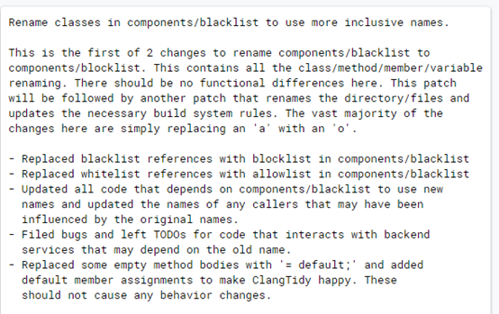 ▲图为谷歌Chrome浏览器的程序人员给出的移除“”黑名单”以及“白名单”等用语的建议和步骤