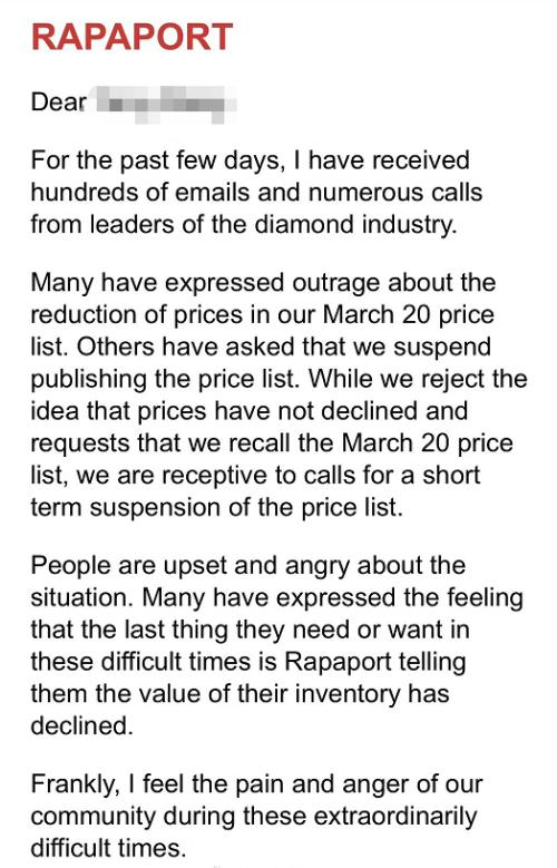 &nbsp; 中国钻石商收到Rapaport的信 图片来源：受访者供图