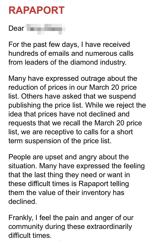 中国钻石商收到Rapaport的信 图片来源：受访者供图