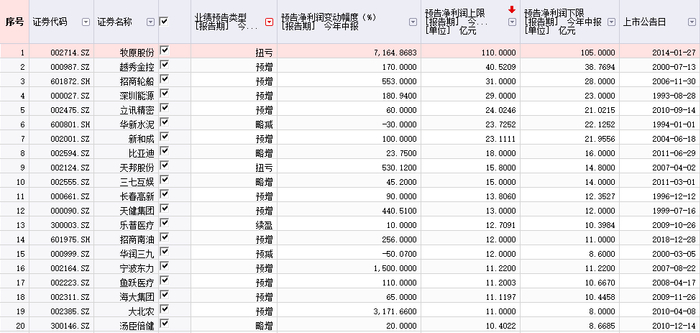 （截至7月9日，2020年半年报业绩预告净利润金额前20，整理自wind数据）