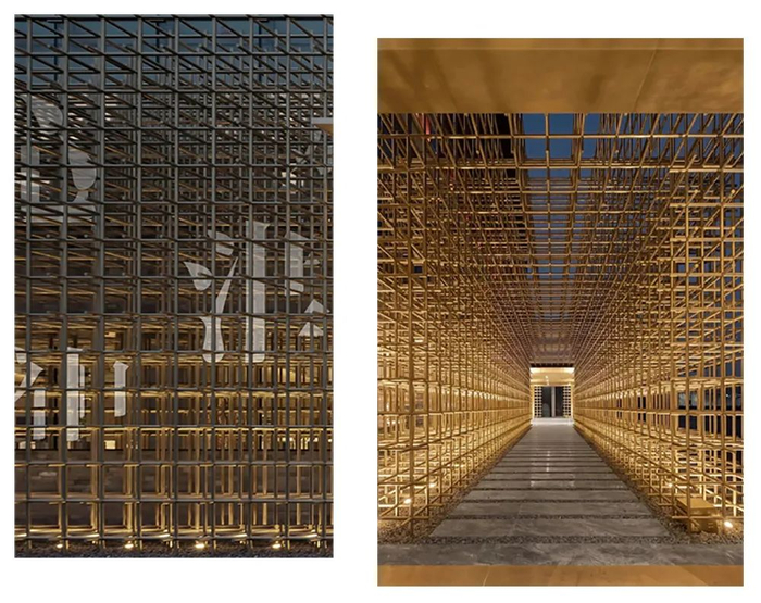 ▲同仁堂知嘛健康零号店入门处由纵横连接的金属圆管组成，其设计灵感源于传统中医药柜。门店整体分为三层，将中医的健康理念“象、食、养、医”逐一表现，包含42个健康生活体验场景。