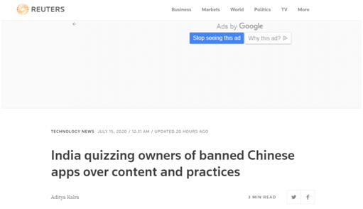 路透社：印度要求被禁中国手机应用的所有者就内容管理和业务操作回答问卷