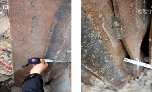 △发生严重变形的钢柱以及钢柱上存在的违规焊接的痕迹