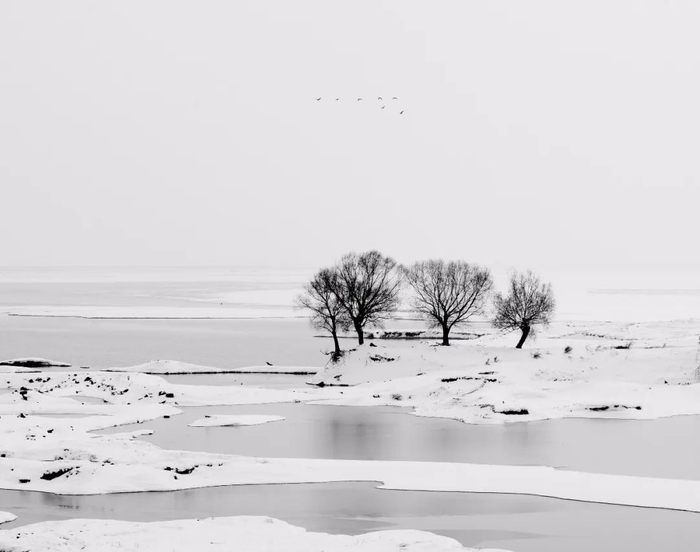  ▲&nbsp;洞庭湖雪景，枯水期的洞庭湖如同“小河”。图/视觉中国