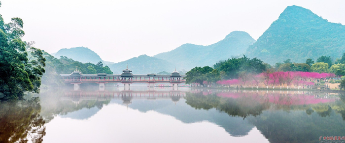 　　鱼峰区龙潭公园花岛上的桃花盛开，与静卧镜湖之上的“龙潭风雨桥”相映成辉，加之水汽蒸腾，烟雾缭绕，形成独具一格的“龙潭胜境”，仿佛蓬莱仙境。（鱼峰区纪委监委　杨帆摄）