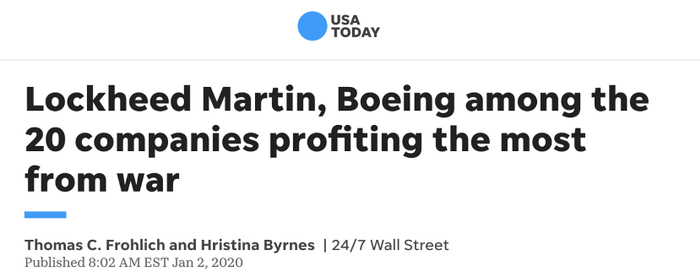 △《今日美国报》报道：洛克希德·马丁、波音等20家从战争中获利最多的公司