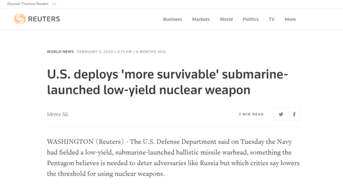 ▲《路透社》今年2月份报道：美国防部证实美海军已部署低当量潜射核导弹，以遏制俄罗斯这样的对手 
