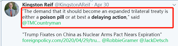 ▲美国的《今日军控》杂志记者Kington Reif在社交媒体上分享了Thomas Countryman的观点 