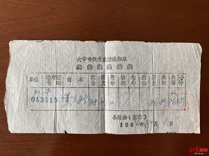  黄立新的高考成绩单