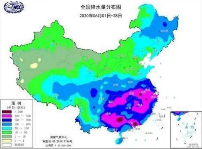  6月份全国降水量分布。图片来源：中央气象台