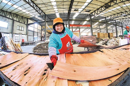  图为江苏省淮安市洪泽区三河镇一板材加工厂工人在生产加工模板。