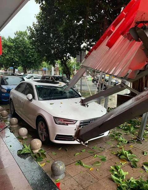  △福建一地被台风吹倒的支架贯穿了整个小轿车的车身。