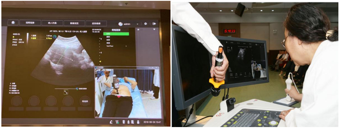 新华医院的医生为嘉兴妇保院的患者进行超声检查