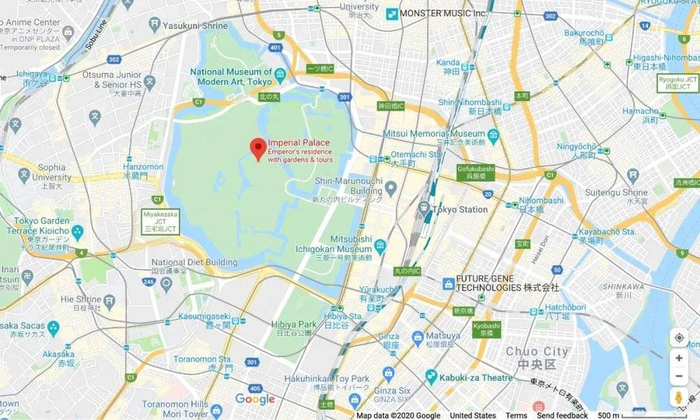 日本皇居示意图（地图中绿色部分），右下角为比例尺，可参考其面积，而加州的面积是42.4万平方公里