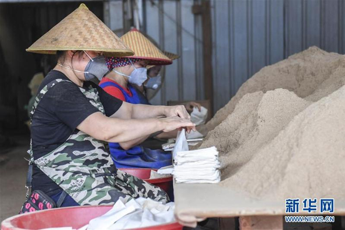 工人在广西金秀县一家瑶药加工厂里分装瑶浴粉（7月10日摄）。新华社记者 曹祎铭 摄