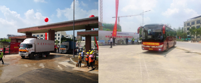 ▲运输行李的货车和运送师生的客车