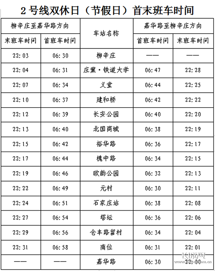 石家庄地铁2号线双休日（节假日）首末班车时间。