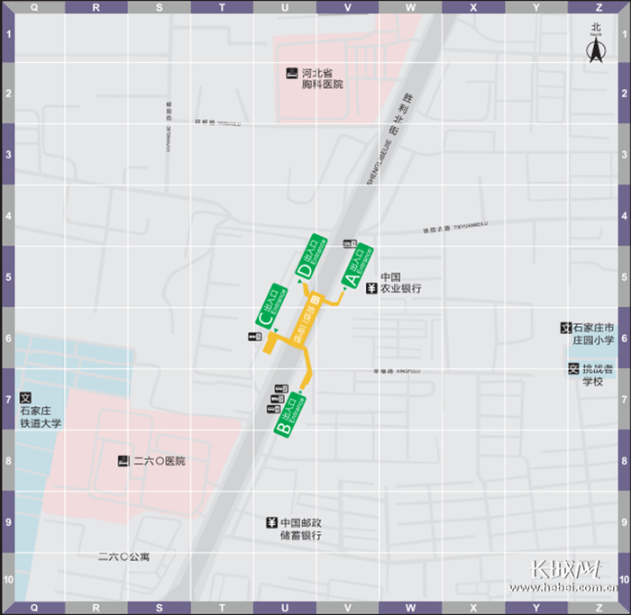 庄窠·铁道大学站出入口位置示意图。