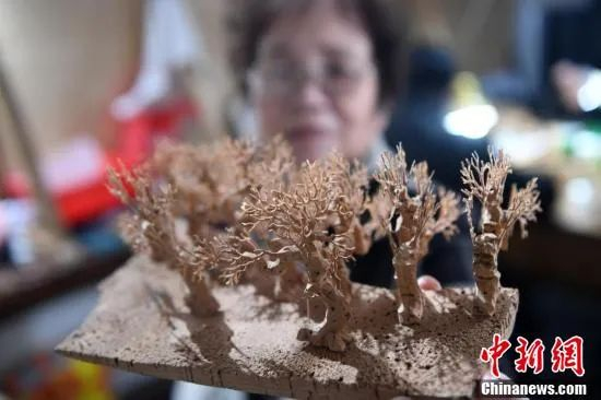 从艺近60年的软木画老艺人陈雪榕展示其雕刻的“树”，栩栩如生。中新社记者 张斌 摄