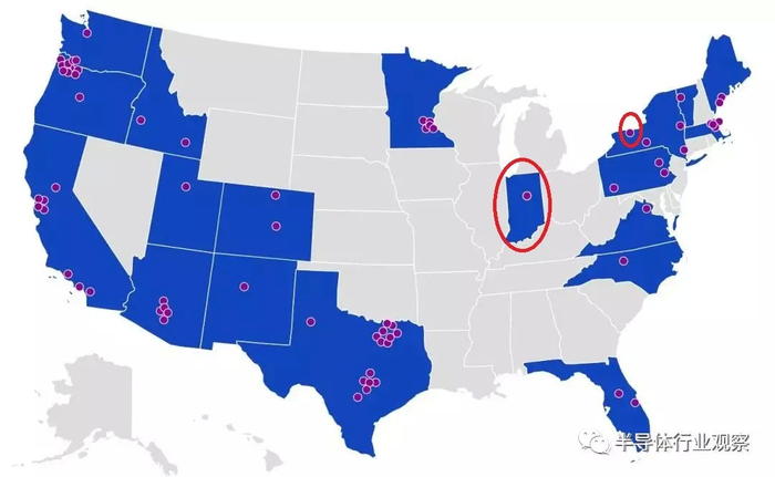去年6月美国本土晶圆厂的分布情况，红色圈注为已关闭(图源SIA)