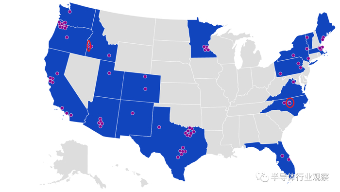 现在美国本土晶圆厂的分布情况，红色圈注为新建晶圆厂(图源：SIA)