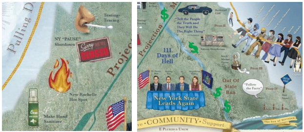 △海报上包括了纽约第一个新冠病毒“群聚感染”地点韦斯特切斯特的新罗谢尔、纽约州防止哄抬物价自制洗手液、地铁停止24小时运营进行消毒、纽约证券交易所重新开放等诸多事件。
