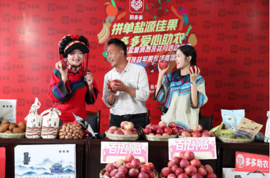 ▲盐源县致富带头人赵兴志在拼多多直播间带头唱起苹果丰收曲。（摄影：张骞）