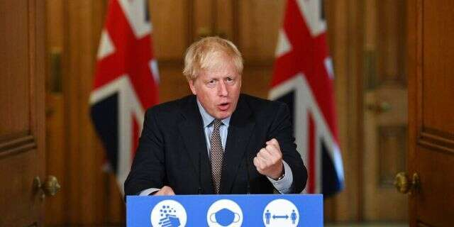 △英国首相鲍里斯·约翰逊9日，在伦敦唐宁街举行的虚拟新闻发布会上讲话