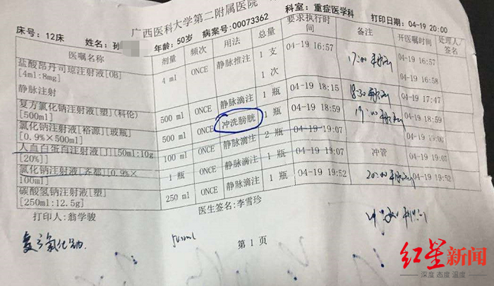 孙先生抢救期间的用药单据&nbsp;图据受访者